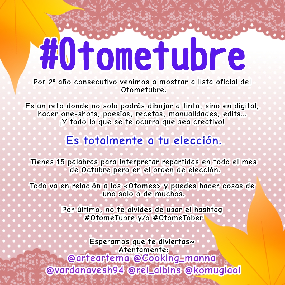 Cooking_Manna's tweet photo. Desvelamos al fin la LISTA OFICIAL DEL
🇪🇸 #OtomeTubre #OtomeTubre2021 / #OtomeTober #OtomeTober2021 🇬🇧
ESTÁIS INVITADOS
#Otome #OtomeGame #Otome2021 #2021Otome #VNdev #VisualNovel #IndieGamedevl #DatingSim #DatingSimulator #DrawTober #HalloweenChallenge #InkTober #InkTober2021 https://t.co/ExW0RjZtd9