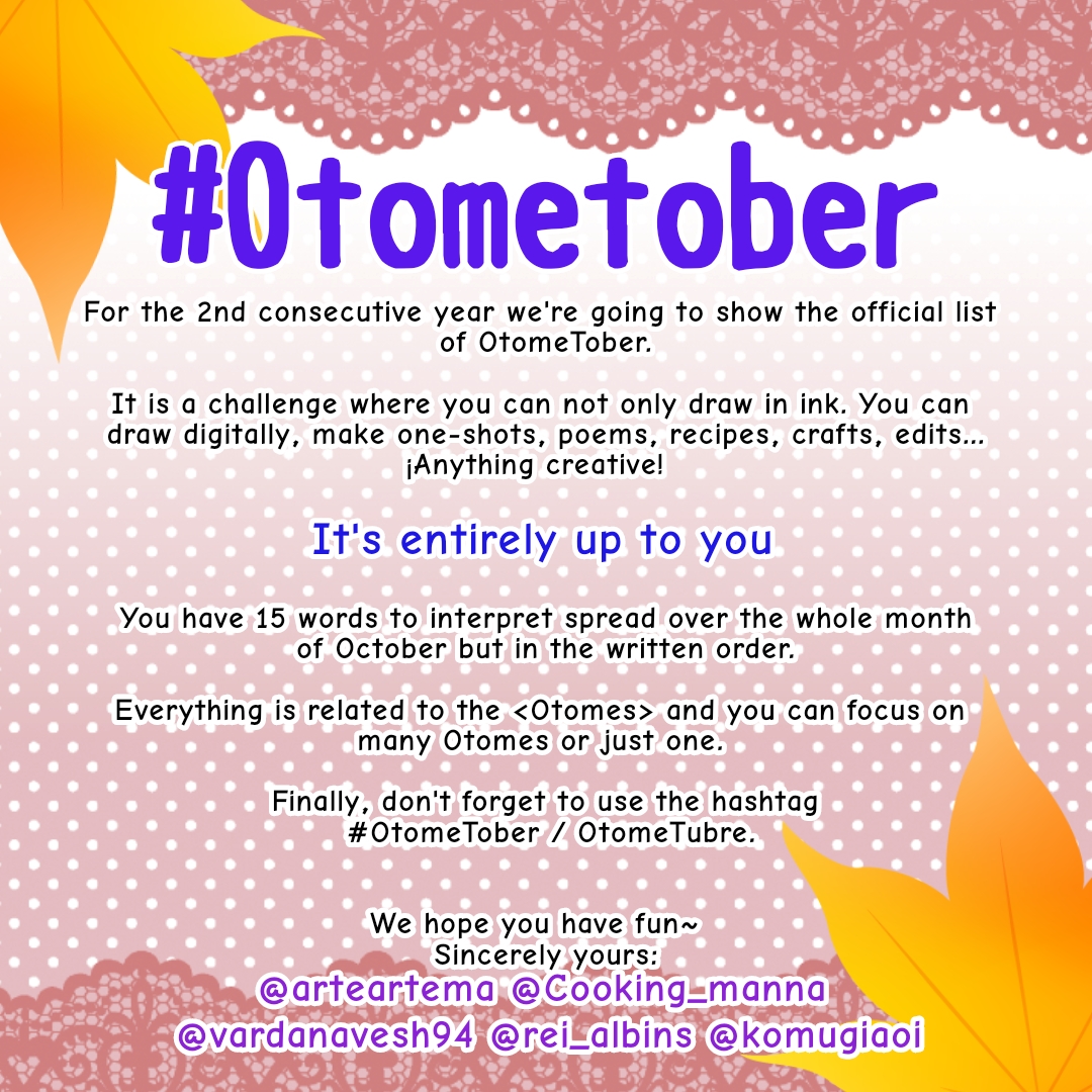 Cooking_Manna's tweet photo. Desvelamos al fin la LISTA OFICIAL DEL
🇪🇸 #OtomeTubre #OtomeTubre2021 / #OtomeTober #OtomeTober2021 🇬🇧
ESTÁIS INVITADOS
#Otome #OtomeGame #Otome2021 #2021Otome #VNdev #VisualNovel #IndieGamedevl #DatingSim #DatingSimulator #DrawTober #HalloweenChallenge #InkTober #InkTober2021 https://t.co/ExW0RjZtd9