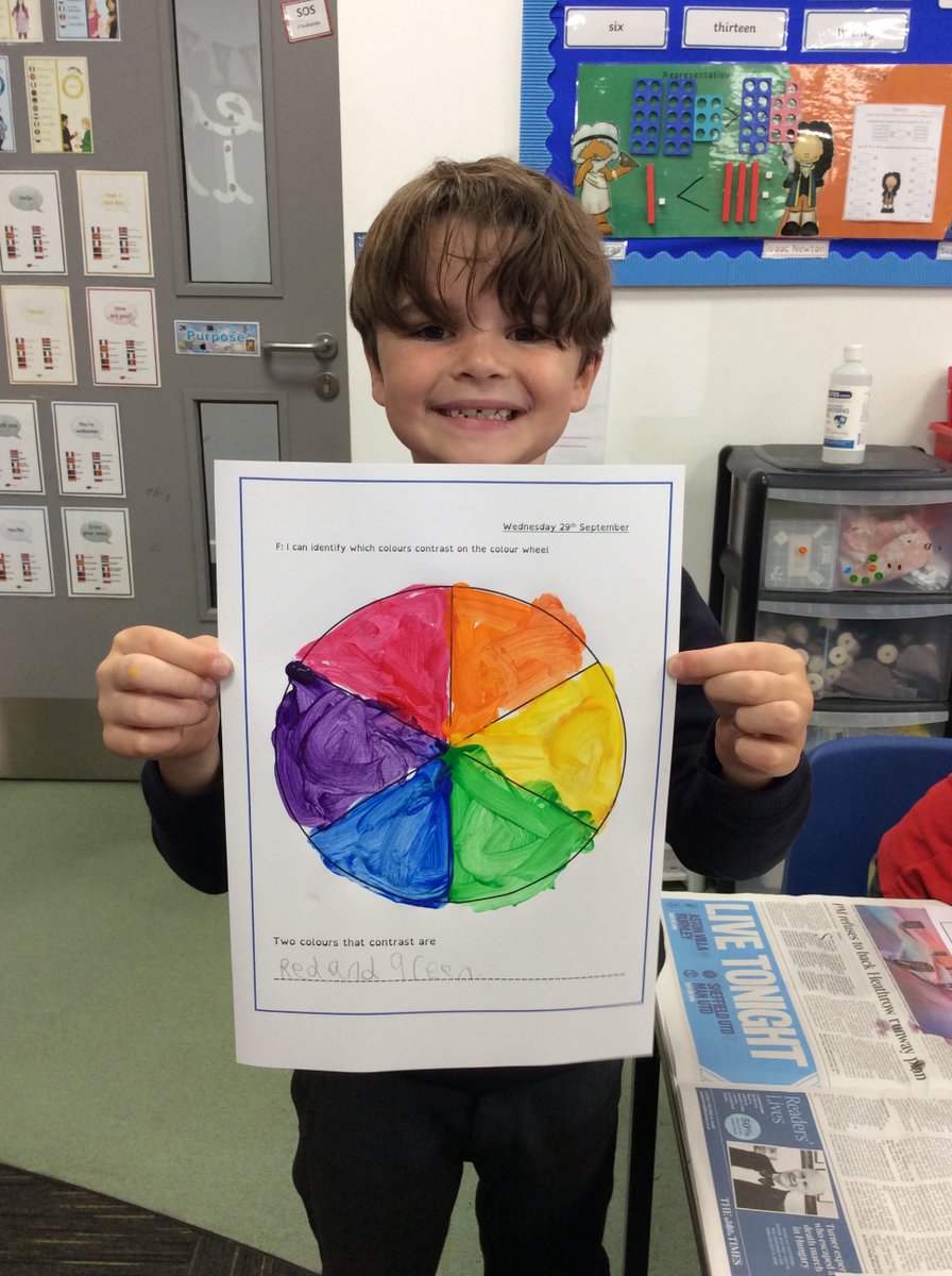 BhaYear2's tweet photo. Seahorse class have been doing some #remarkable art today! We have been learning all about contrasting colours by painting our own colour wheels. We were able to recognise primary and secondary colours. Well done Seahorse class. #art #remarkablelives @AETAcademies @BHA_TQ https://t.co/4tTVyaQAKa