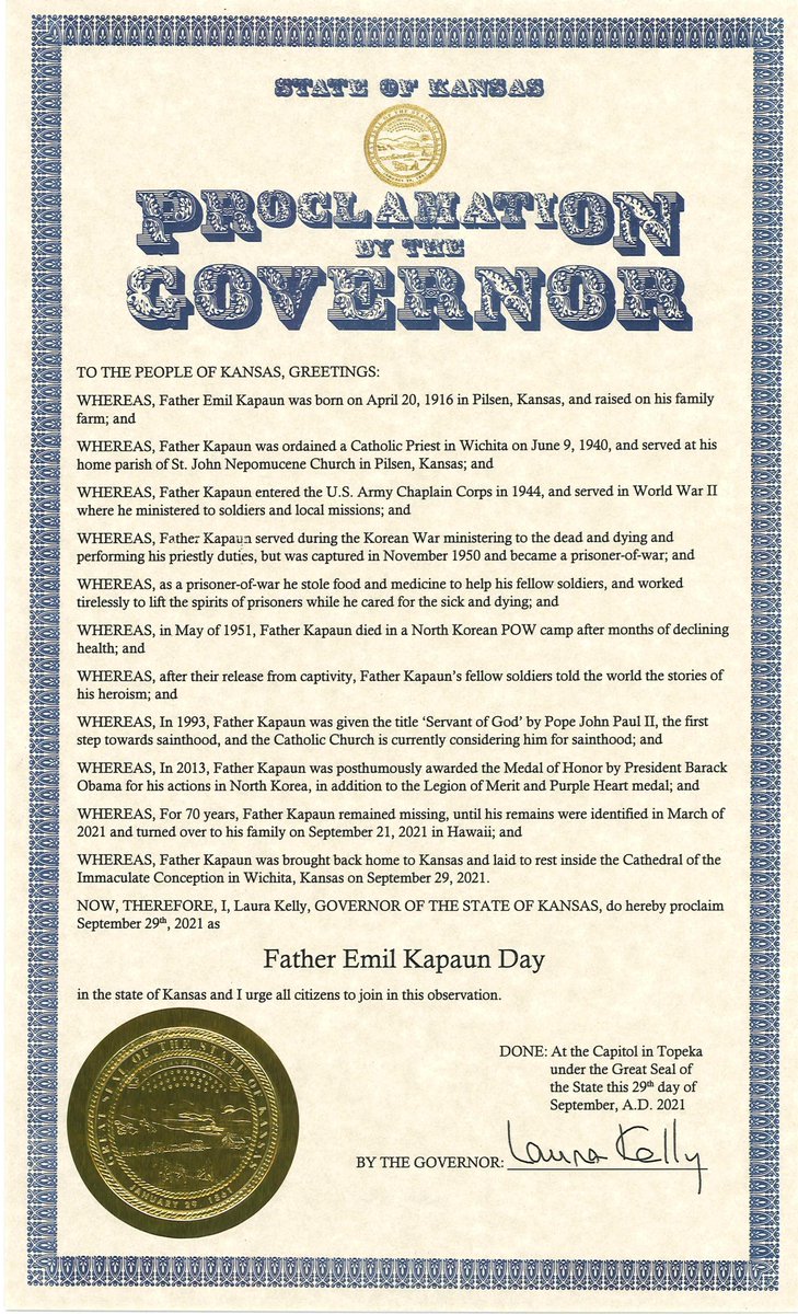 GovLauraKelly's tweet photo. Today, I proclaimed September 29, 2021 as Father Emil Kapaun Day. Father Kapaun was known to care for all prisoners – regardless of their background or religion, and we are proud to honor his service and sacrifice for his country. https://t.co/qj015TSy9C
