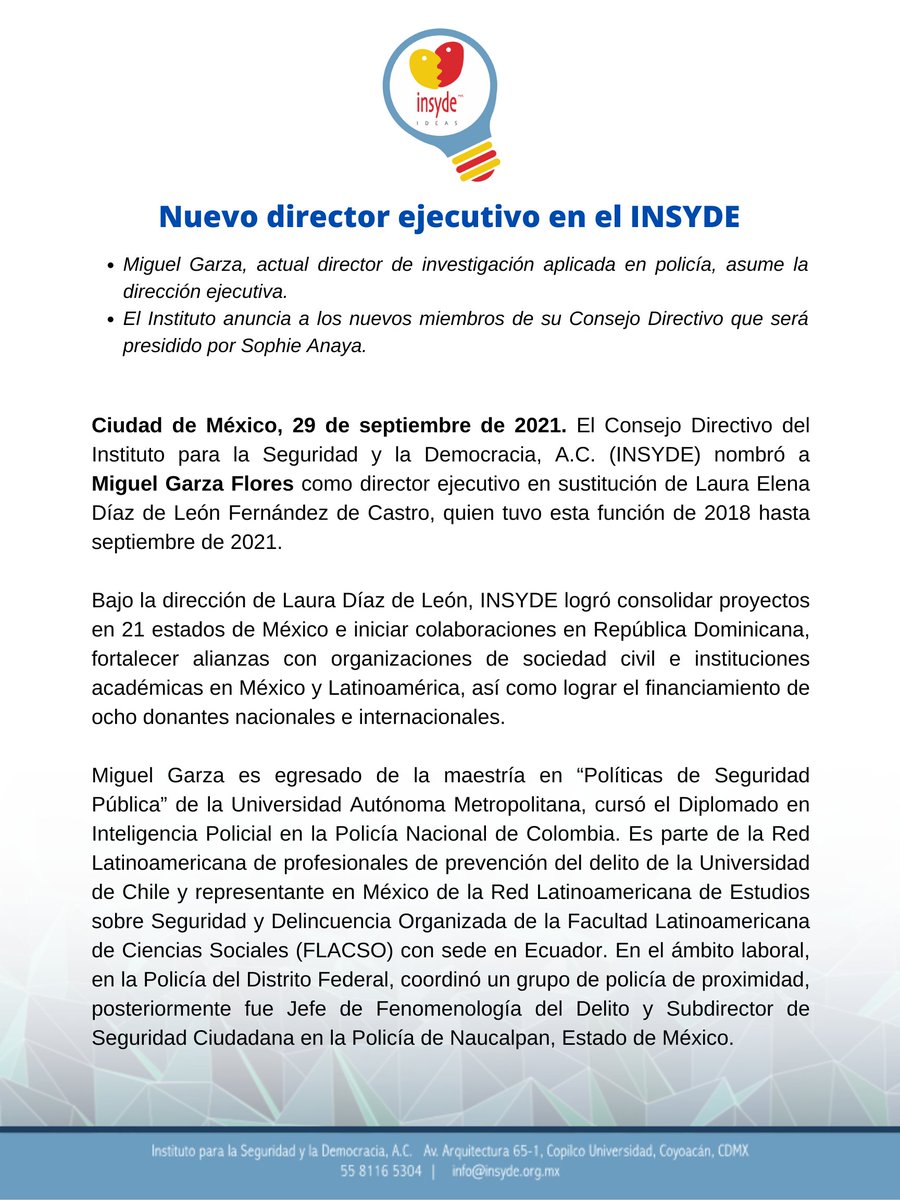 InsydeMx's tweet photo. #COMUNICADO | El día de hoy inicia una nueva etapa para #INSYDE con el liderazgo de Miguel Garza @mgarzaf como director ejecutivo. Agradecemos el trabajo, esfuerzo y dedicación de Laura Díaz de León @Cocolica, directora saliente del Instituto. 🧵 https://t.co/Oltyf6OuCk