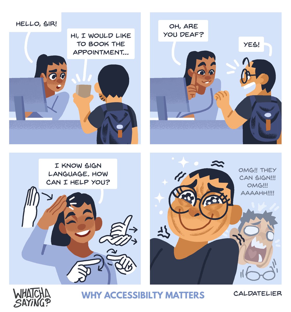 caldatelier's tweet photo. How to make the Deaf person feel more included?
Learn sign language! It's an essential tool to provide full access to communicate with Deaf people so that it will make their life easier. https://t.co/xbIVHwvu85