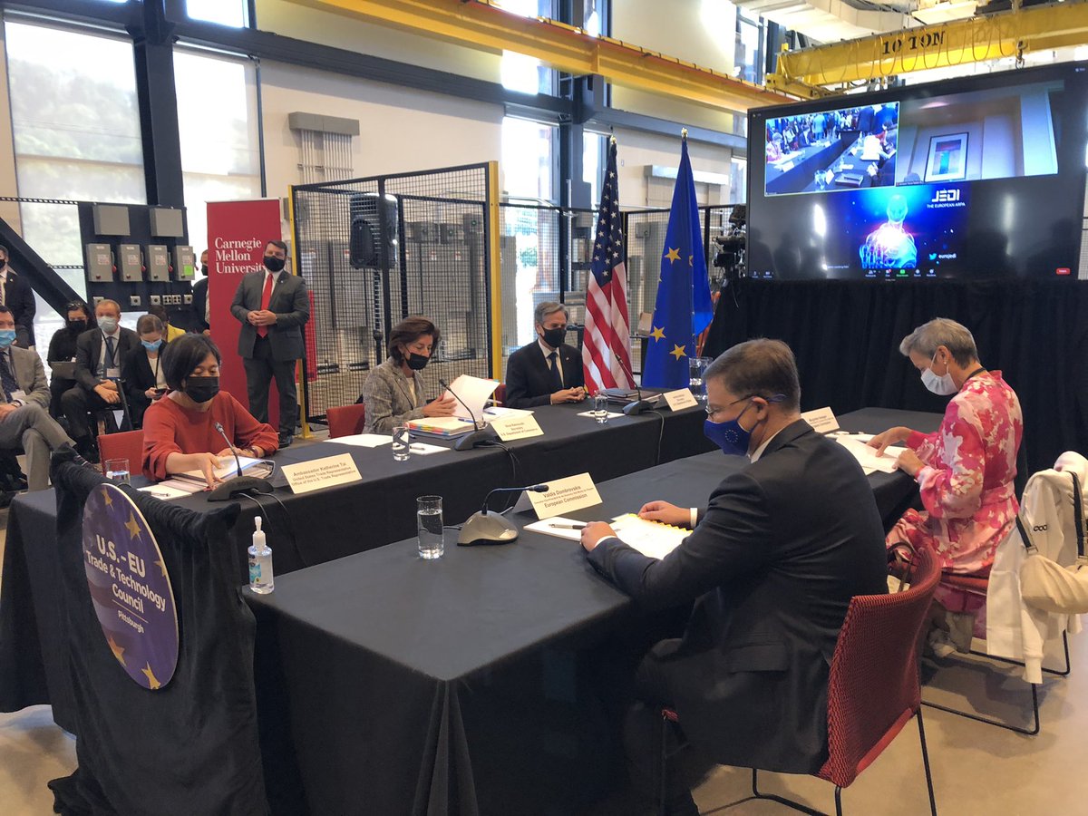 SecRaimondo's tweet photo. Pleased to be in Pittsburgh alongside @AmbassadorTai, @SecBlinken, @Vestager, and @Vdombrovskis at the US-EU Trade &amp; Technology Council meeting today.

#TTC is a great opportunity for coordination on pressing economic issues from global tech to AI to supply chain resiliency. https://t.co/V4BDaD7TQq
