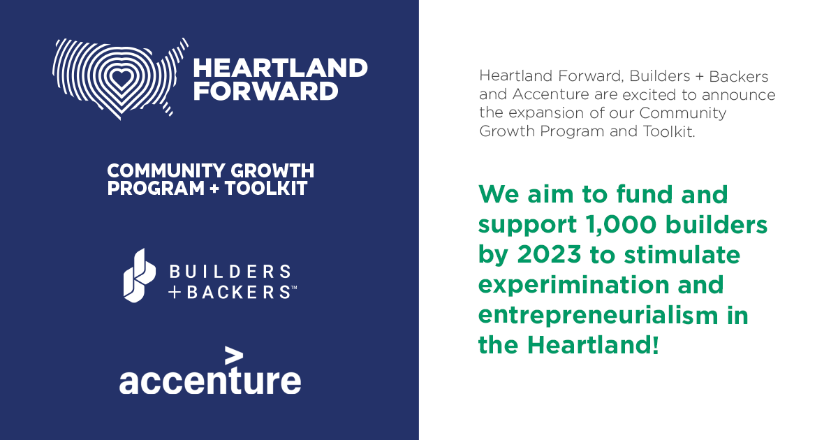 HeartlandFwd's tweet photo. NEW! We are thrilled to announce that we are expanding our Community Growth Program to find, fund and support 1,000 Builders across the #Heartland. Join us! #CommunityImpact #HeartlandForward #Entrepeneurship #CGPT
https://t.co/juzkl7GHqm https://t.co/GaYHSabcce