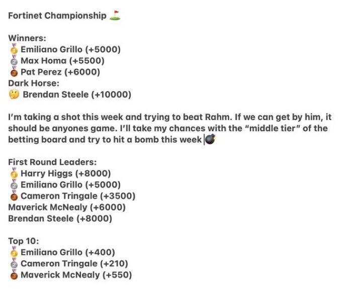 BetKyleCovers's tweet photo. 🚨GOLF SHEET🚨

We kicked off the new PGA season with an absolute bang 💥 nailing Max Homa winner (+5500) and Maverick McNealy Top 10 (+550) 

Love the energy in my DM’s for more, and I gotta give the people what they want! 

Show some love and I’ll post! https://t.co/XaeWZf6rUm