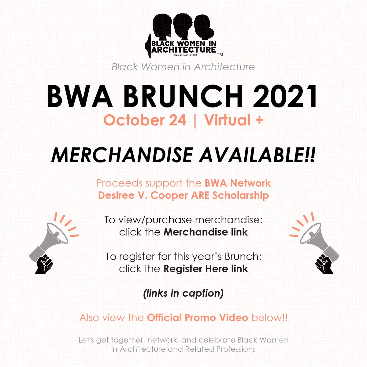 BwaNetwork's tweet photo. 2021 BWA Brunch | October 24th

MERCHANDISE AVAILABLE!!

Merchandise:
https://t.co/Ox2JKAYgwA

Register Here:
https://t.co/T9PpgocVLT

BWA Network event page:
https://t.co/5VScloGaHn

Promo Video:
https://t.co/buhA2yp80p

⚫️⚪️🟠🟤

#BWA #BWABrunch #NOMA #JEDI #designequity https://t.co/n3bFHTH7a4
