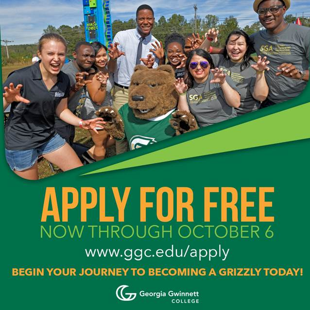 RepMCounselors's tweet photo. SENIORS: Georgia Gwinnett College (GGC) will be waiving their $30 application fee starting September 29 - October 6! Access their application details at their website. Begin your journey to becoming a Grizzly today! https://t.co/Gs9oMKOXvx