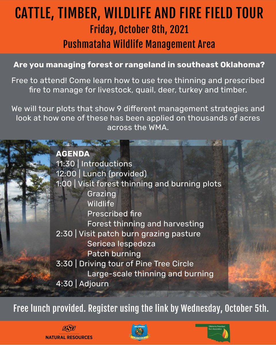 Sharing this cool event from <a href="/OklahomaLands/">OSU Natural Resources Extension</a>: 
Learn about tree thinning &amp; #rxfire to manage for #livestock, #quail, #deer, #turkey &amp; #timber. Register now. Event on Oct 8th. 
buff.ly/39OxMCU