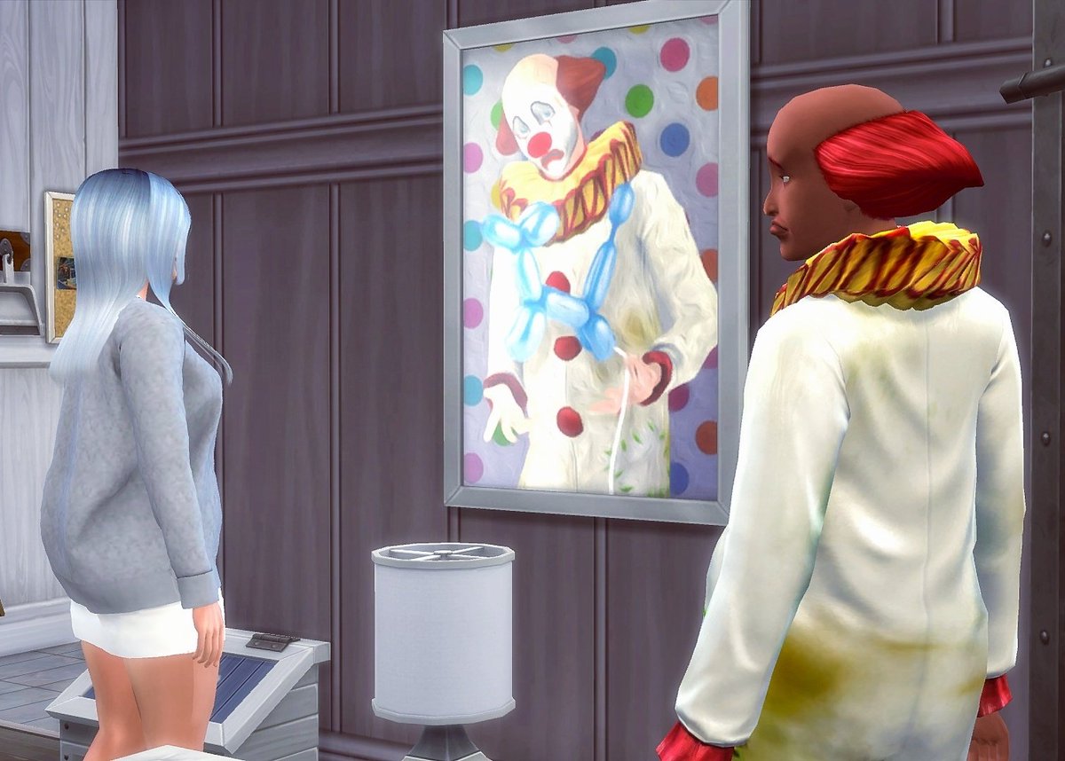 SimsLolo's tweet photo. Camille bought a very interesting painting and got to meet a very interesting sad clown?
How is she supposed to flirt with him tho 😭

#ts4 #TheSims4 #theoccultbabychallenge https://t.co/AZDl2rpwO4