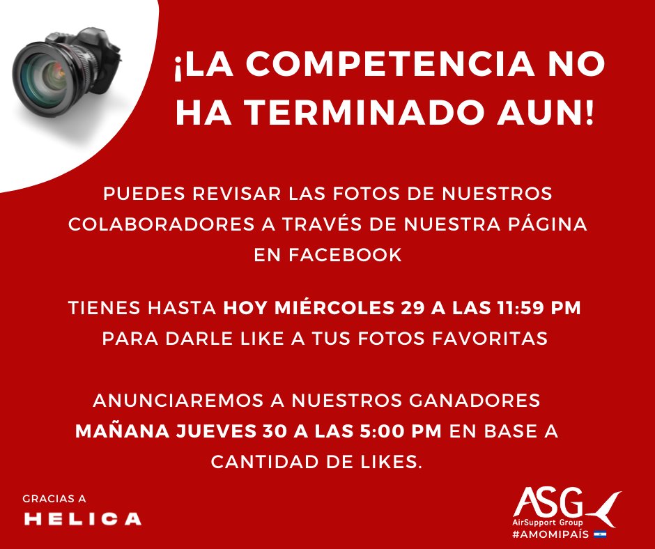 AirSupportGrou1's tweet photo. ¡Aun hay tiempo para votar! 🗳

Puedes darle like a tus fotos favoritas aquí: https://t.co/NSVIDpYSVO

El ganador de primer lugar podrá atender un tour aéreo de el Lago Ilopango para dos personas, gracias a Helica El Salvador 🚁✨ https://t.co/56VPiTNH1F