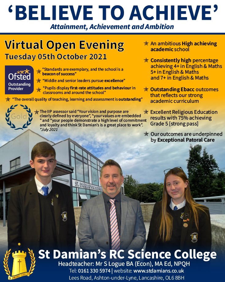 Our Virtual Open Evening will be available on Tuesday 5th October 2021. Please visit our website for further information 👉 stdamians.co.uk