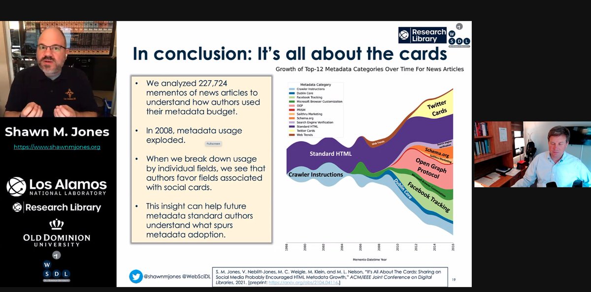 Mat Kelly (@machawk1) on Twitter photo Interesting work from @ShawnMJones from <a href="/WebSciDL/">WS-DL Group, ODU CS</a> at #JCDL2021 regarding using social cards with web archives.
However, one standout aspect is how he formatted his presentation -- not just a floating head over slides but embedded branding.
👇 is his rec. video being played. 🤯 Interesting work from @ShawnMJones from <a href="/WebSciDL/">WS-DL Group, ODU CS</a> at #JCDL2021 regarding using social cards with web archives.
However, one standout aspect is how he formatted his presentation -- not just a floating head over slides but embedded branding.
👇 is his rec. video being played. 🤯