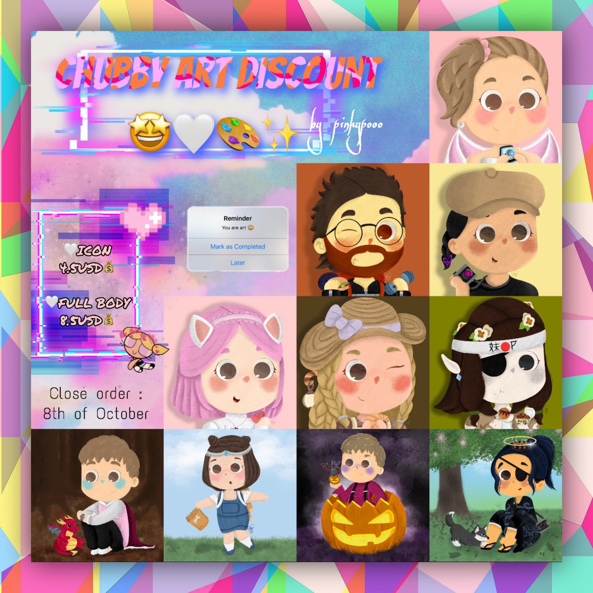 pinkypooo_'s tweet photo. I’ve cleared my commissions list and my previous tweet received more than 5 likes! As promised, here’s a discount for my art commission 🥳🎨✨
I will stop accepting orders by 8th of October so if you’ve been aiming to get one, it’s time 👀🤍 #helpmeRT 🥰 https://t.co/tots9Y1yHU