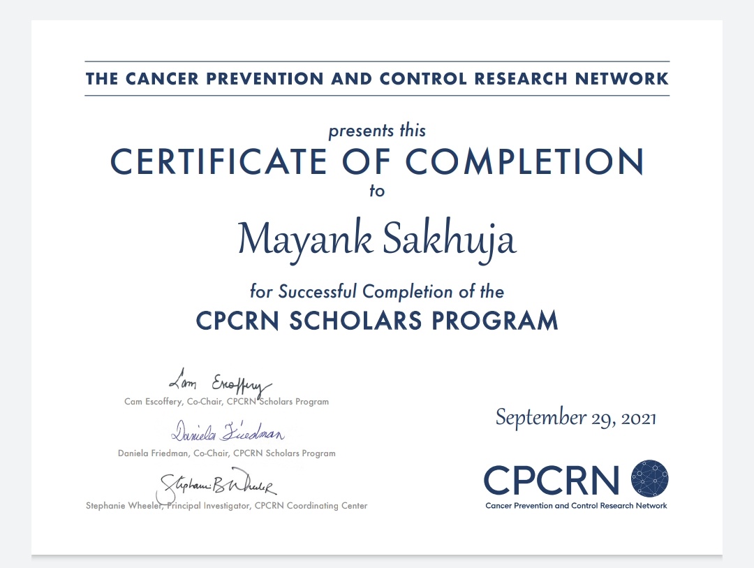 mayank_sakhuja6's tweet image. So happy and proud to have this feather in my cap. Successfully completed Dissemination &amp;amp; Implementation Science focused CPCRN Scholars Program. Thanks to @daniela_beth @CPCRNcancer @SC_CPCRN @StephWheelerUNC @USCArnoldSchool Dr. Cam Escoffery for this opportunity.