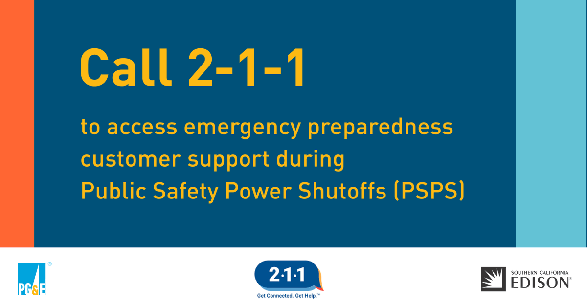 PG&amp;E, <a href="/SCE/">SCE</a> announce a joint agreement w/ the <a href="/211CA/">211 CA</a> Network, which will provide emergency preparedness support and access to resources during periods of critical need, including Public Safety Power Shutoffs pgecurrents.com/2021/09/29/new… <a href="/211Norcal/">211 NorCal</a> <a href="/211BayArea/">211 Bay Area</a> #NationalPreparednessMonth
