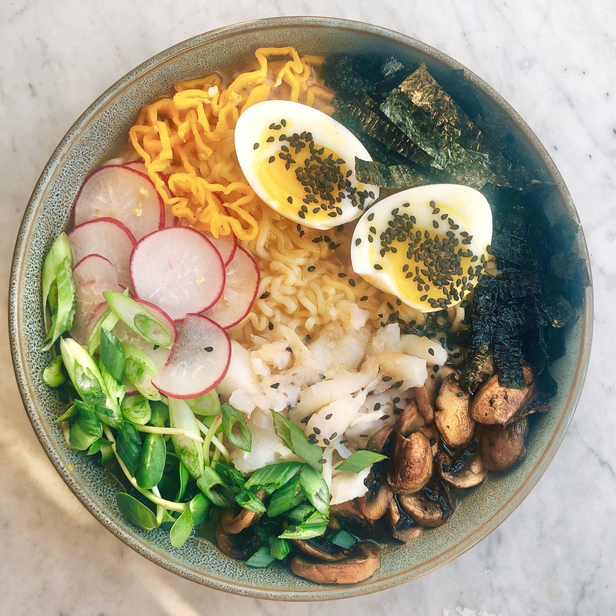 lemonmomcanada's tweet photo. Ramen with mahi mahi, onion, radish, habanero, nori, mushroom, and the all-important soft boiled egg. https://t.co/8fYkt9JlML
