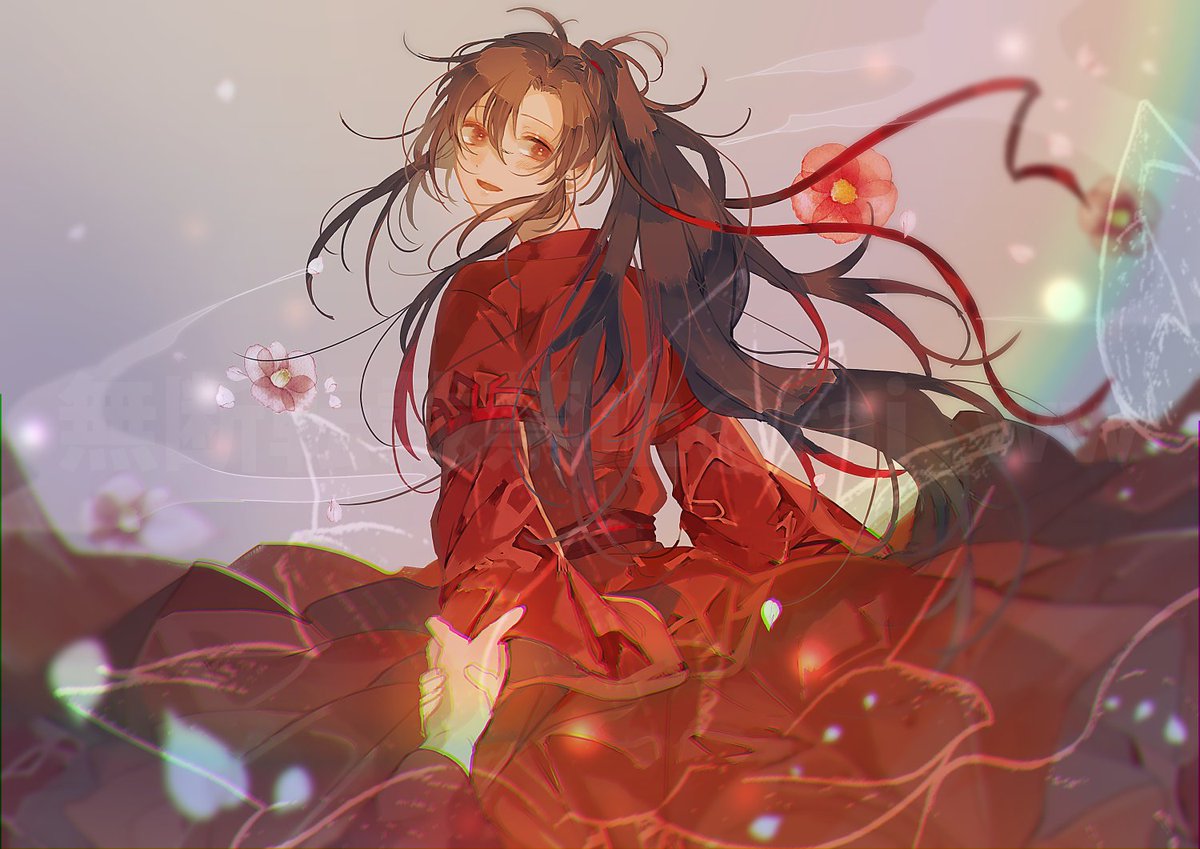 flower long hair chinese clothes ponytail male focus 1boy red dress  illustration images