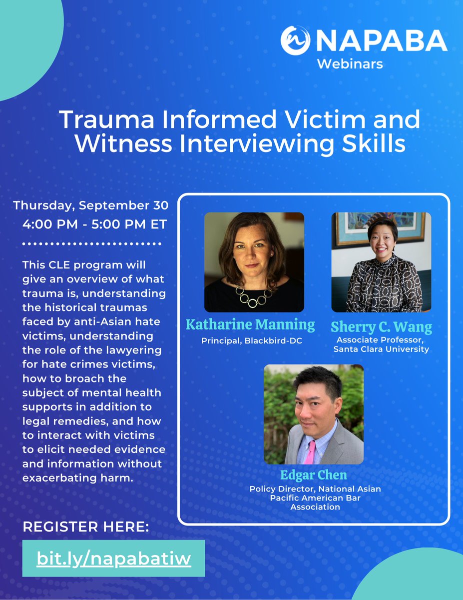 NAPABA's tweet image. Join us tomorrow for an important discussion of trauma-informed interviewing skills for victims of anti-Asian hate crimes and incidents. Register now: buff.ly/3tKnuwG