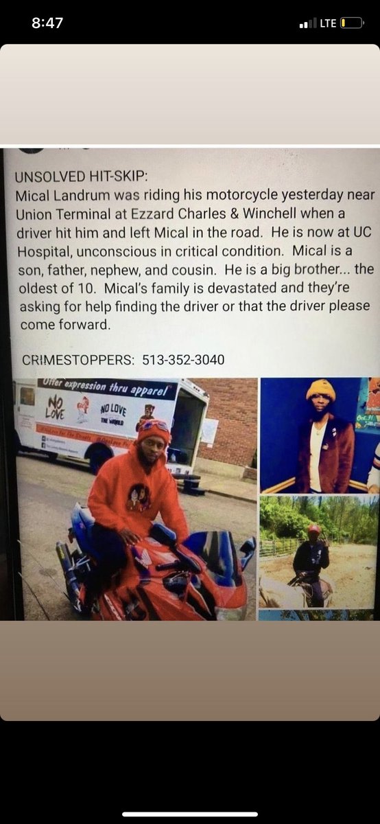 Feelin__myself_'s tweet photo. I know y’all want some money! But I know you wanna help my brother even more! Please retweet! Somebody know something about this hit & run and we need to find the girl!!!! #MicStrong https://t.co/07NIPUToqa