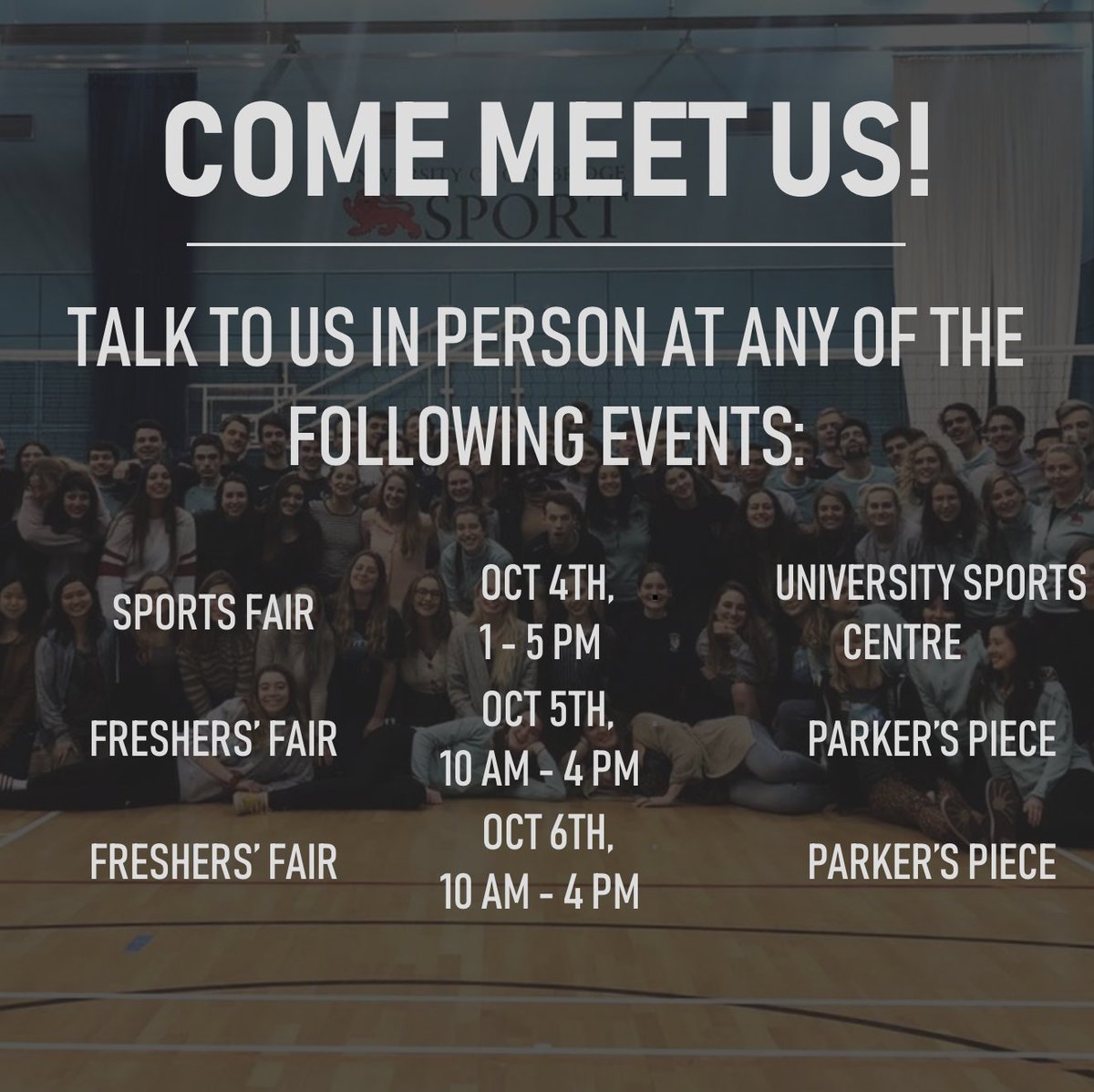Come meet us at the Sports and Freshers' Fairs!
Drop by to meet some of our club members in person and ask any questions you may have, pick up flyers, register interest or just come say hi! 
Find our schedule for these fairs below - we hope to see you soon!