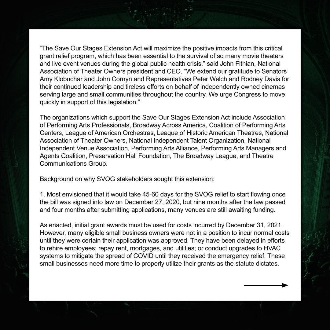 nivassoc's tweet photo. NIVA has issued a statement in support of the Save Our Stages Extension Act, a bipartisan bill to extend time to incur emergency relief expenses sought due to the delayed SVOG program rollout and unexpected Delta variant challenges, introduced today in the Senate and House. 1/3 https://t.co/d9YsTkdhLz