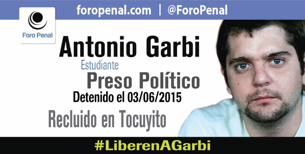 ForoPenal's tweet photo. Antonio Garbi: privado de libertad con fines políticos desde el 04/06/2015.
Víctima del retardo procesal como castigo.
#LiberenAGarbi
Venezuela https://t.co/HuIhlEOtTl
