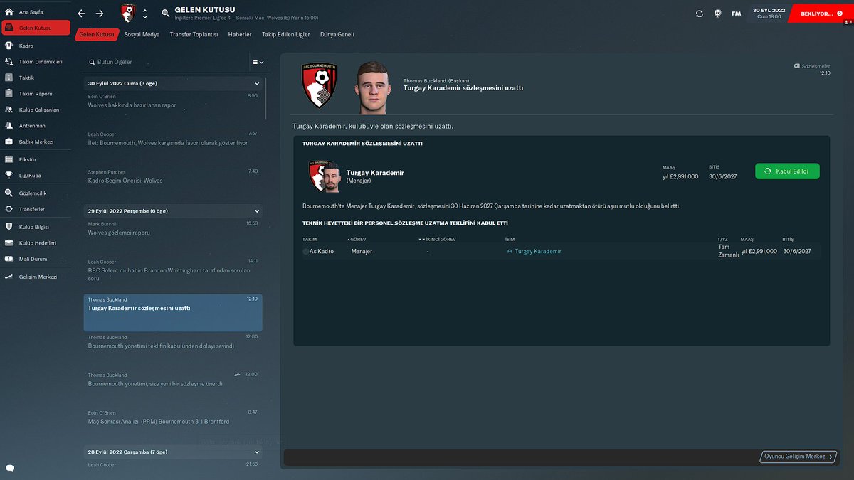 Bournemouth ile sene sonu bitecek olan sözleşmemizi kulübün bize sunduğu teklifi ikiletmeden kabul ederek yenilemiş bulunmaktayız.. *İmzalaratıldı*