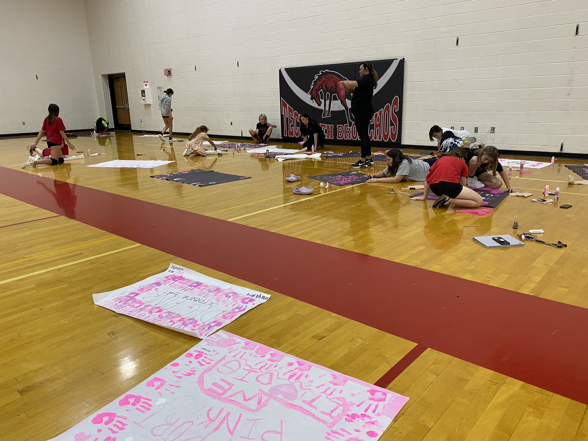 Volleyball teams making signs for our #DigPink games on 10/5 against Delphi! Come out and support your Bronchos and a great cause!