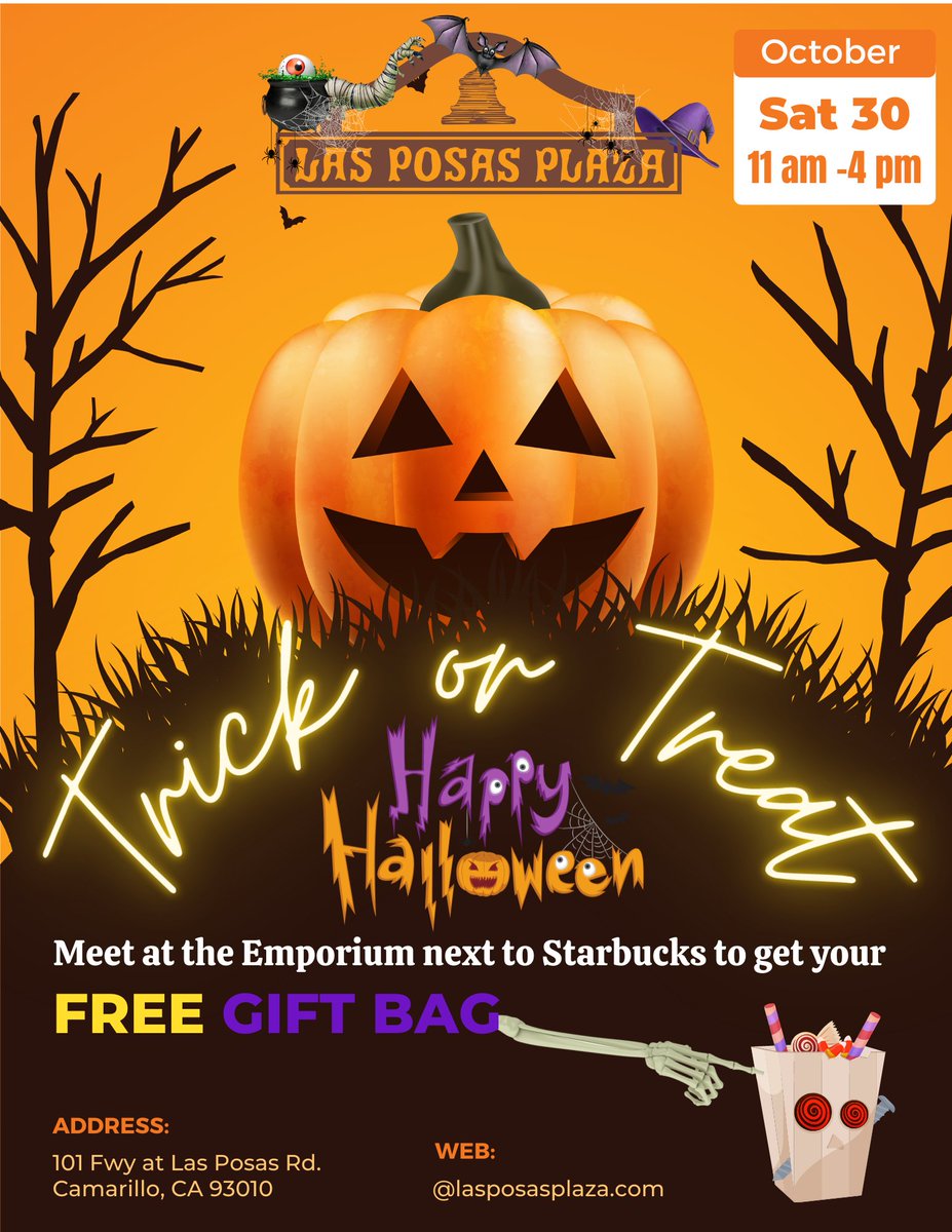 PosasLas's tweet image. Come #trickortreat at Participating #Merchants at the Las Posas Plaza on Oct. 30, 2021, from 11 am to 4 pm. Meet at the 'Emporium' next to #starbucks to get started. You will receive a #FREE #giftbag.
