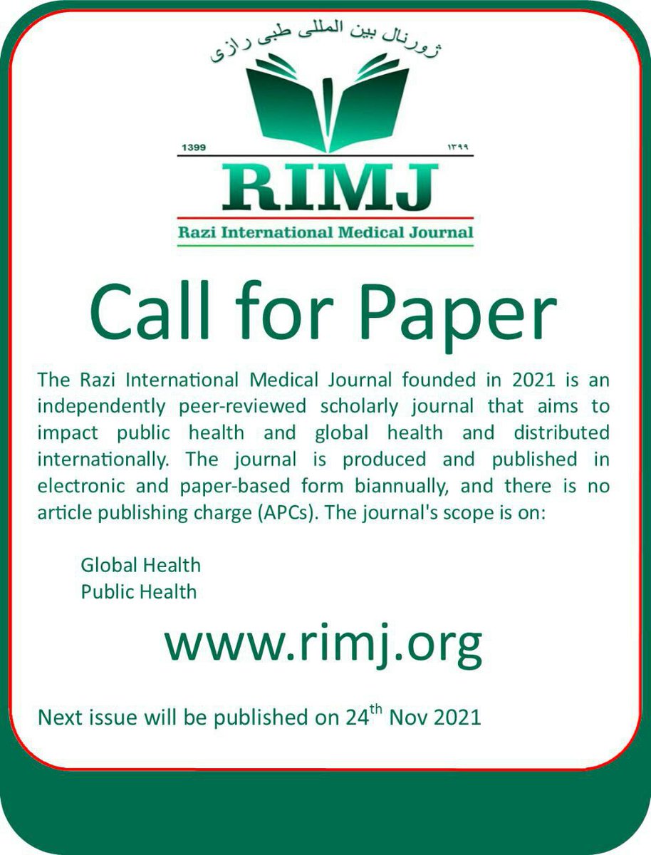 Publish your articles in Razi International Medical Journal - RIMJ

rimj.org

#Publisher #Medical #Journal #PublicHealth #GlobalHealth #Afghanistan #RIMJ
