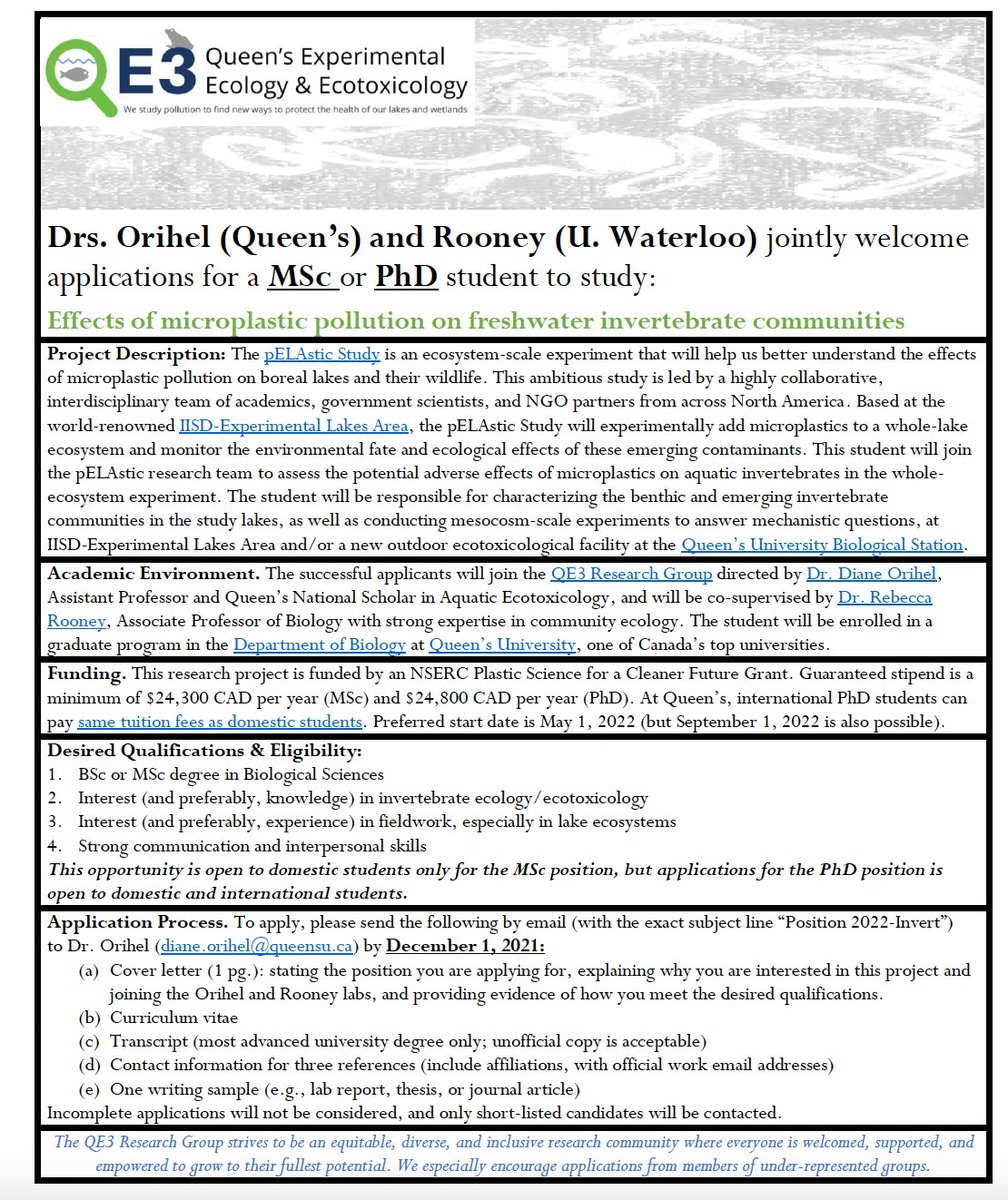 Diane Orihel (@dianeorihel) on Twitter photo New opportunities to join <a href="/QE3_Research/">QE3 Research</a> Lab <a href="/queensu/">Queen's University</a>! MSc and PhD to study the fate and effects of microplastics in freshwater communities. Whole-lake and mesocosm experiments <a href="/IISD_ELA/">IISD Experimental Lakes Area</a> and <a href="/QUBioStation/">QUBS</a>. Co-supervised by <a href="/jenni_pro/">Dr. Jennifer Provencher</a> or <a href="/girls_can/">Dr. Rebecca Rooney</a>. #cdnsci #ecotoxicology #ecology New opportunities to join <a href="/QE3_Research/">QE3 Research</a> Lab <a href="/queensu/">Queen's University</a>! MSc and PhD to study the fate and effects of microplastics in freshwater communities. Whole-lake and mesocosm experiments <a href="/IISD_ELA/">IISD Experimental Lakes Area</a> and <a href="/QUBioStation/">QUBS</a>. Co-supervised by <a href="/jenni_pro/">Dr. Jennifer Provencher</a> or <a href="/girls_can/">Dr. Rebecca Rooney</a>. #cdnsci #ecotoxicology #ecology