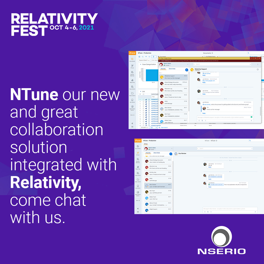 NSerioCorp's tweet photo. Are you joining us at Fest? Come chat with us to learn more about how #NTune can help you. ππ»π¬
@RelativityFest
#NSerio #RelativityFest #Relativity #eDiscovery #legal #law #lawtech #LegalTech #NTune https://t.co/4V9Lpw2VnC