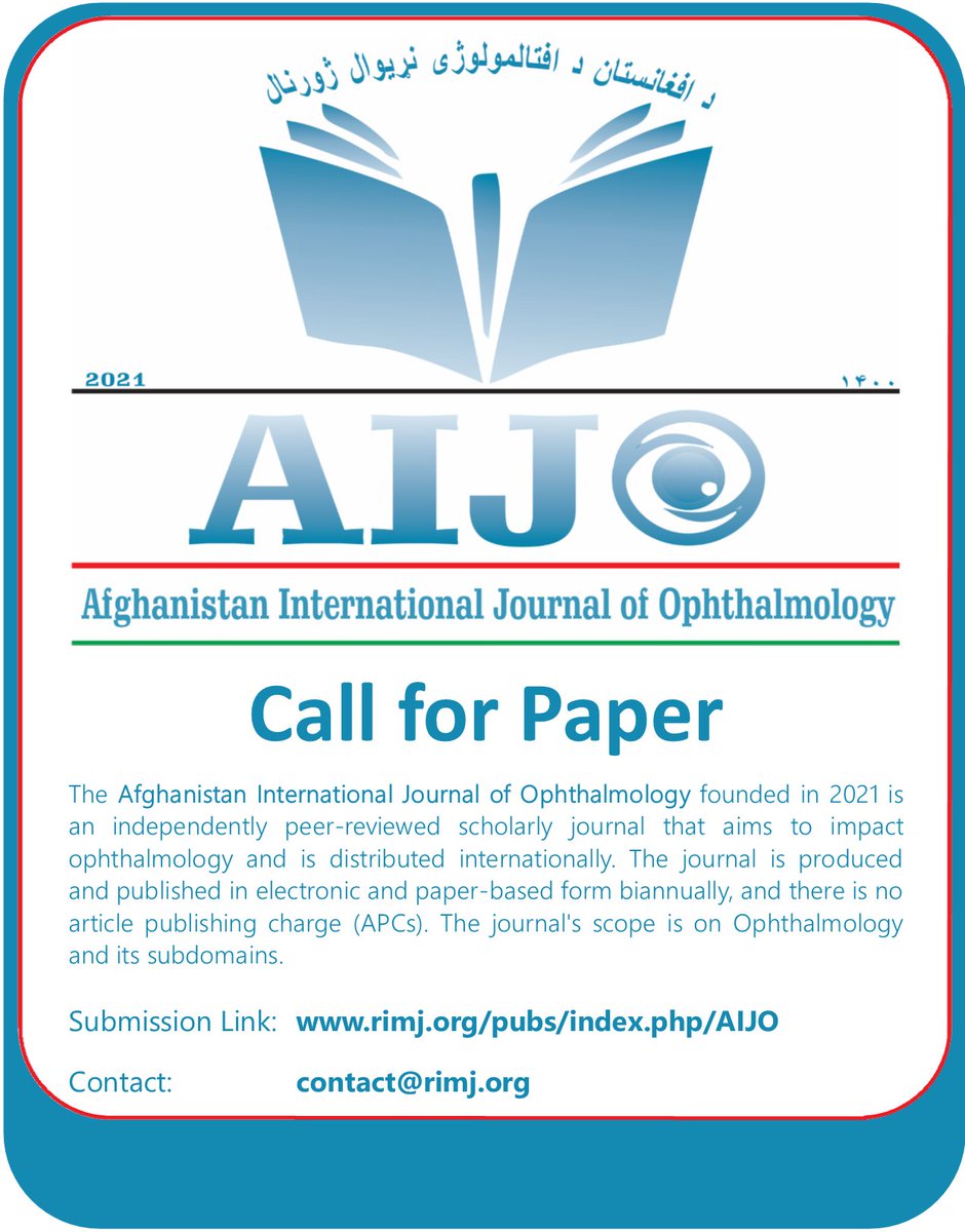 Publish your articles in Afghanistan International Journal of Ophthalmology - AIJO

rimj.org/pubs/index.php…

#Publisher #Medical #Journal #Ophthalmology #Afghanistan #AIJO