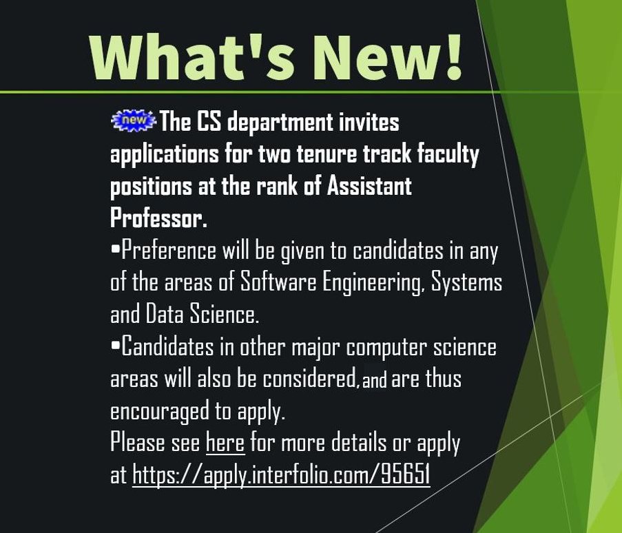 CPPComputerSci's tweet image. Good afternoon everyone. We are going to have two new faculty positions openings this Fall.
Please apply at apply.interfolio.com/95651