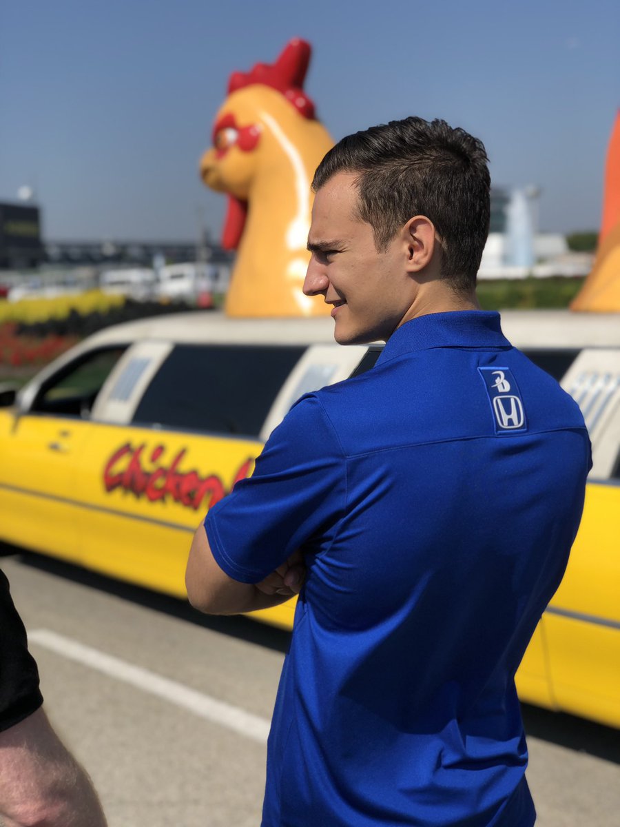CGRTeams's tweet photo. What is the champ up to today!? 

He’s going for the ride of his life! 
The Championship Chicken Tour! 🐔

Alex has made his way to @IMS! 

#ChampionChickenTour https://t.co/g3KaNxn87Y