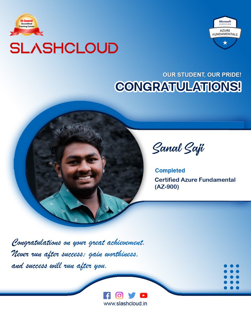 slash_cloud's tweet photo. Congratulations Sanal Saji,
Winning your goal is not easy, but you make it out with your effort. The path of life has many hurdles and face it with full of confidence and the success will be all yours.
#azurecloud #azurecertification #azureedu #microsoftazure #MicrosoftEdu https://t.co/ztueSWFzJT