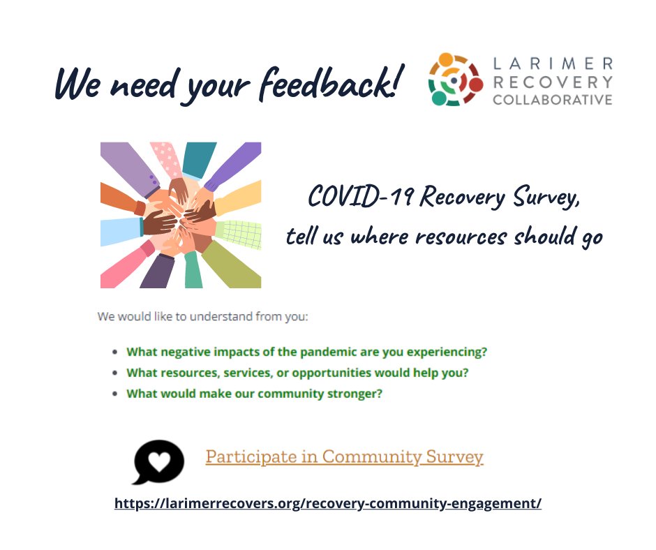 LarimerRecovers's tweet photo. Local governments &amp; #LarimerCounty have access to federal funds to help strengthen our community. To make the best decisions with the funding and reach our residents, we need feedback on the best use of the resources. 

Access the survey here: https://t.co/w2rzqYmHoL https://t.co/PGNF5MQvee