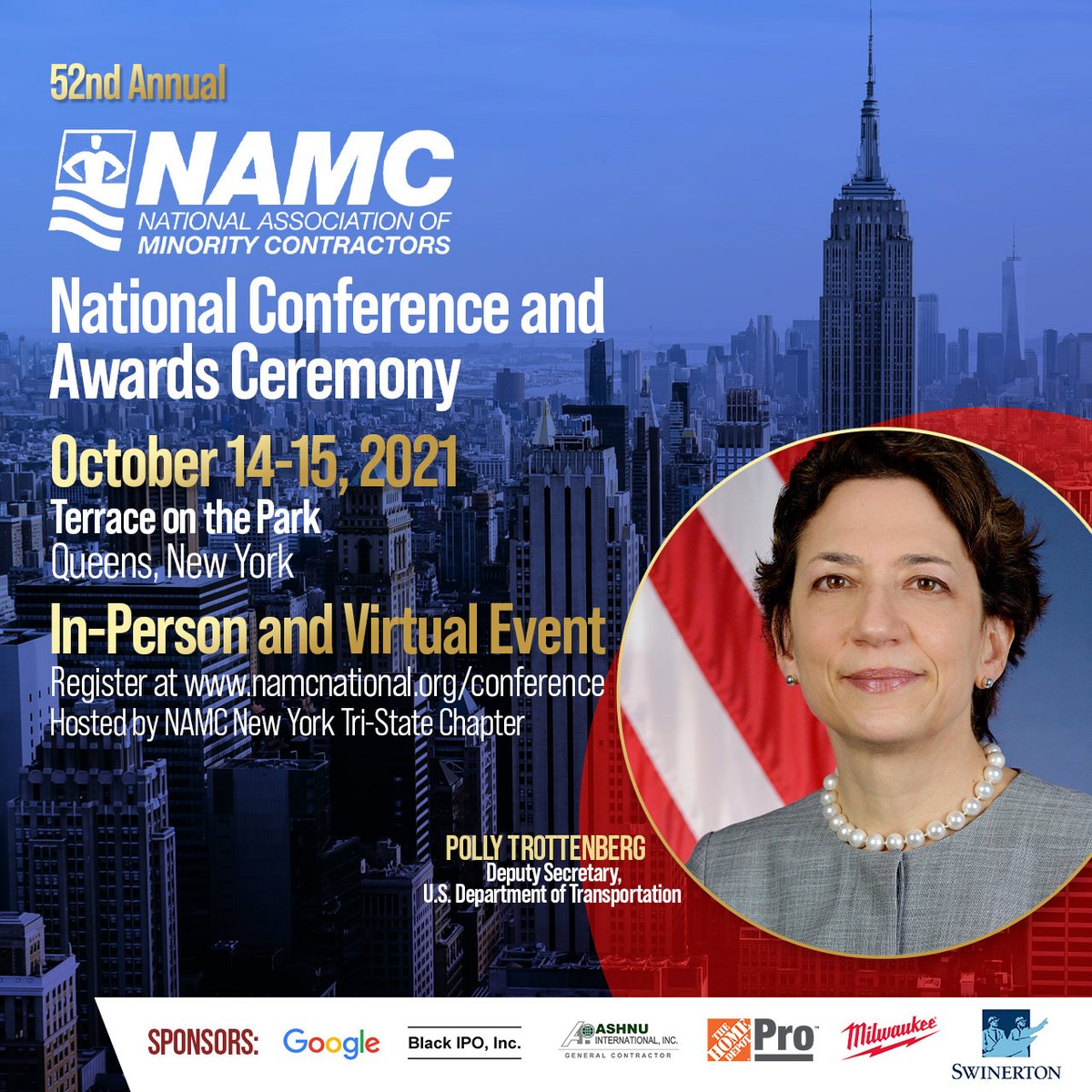 US DOT Dep. Secretary Tottenburg to give a keynote address at #NAMC52. The hybrid conference brings together corporate, government, ports authority, and aviation leaders to share about what's next in opportunities for minority contractors. Register now at namcnational.org/conference.