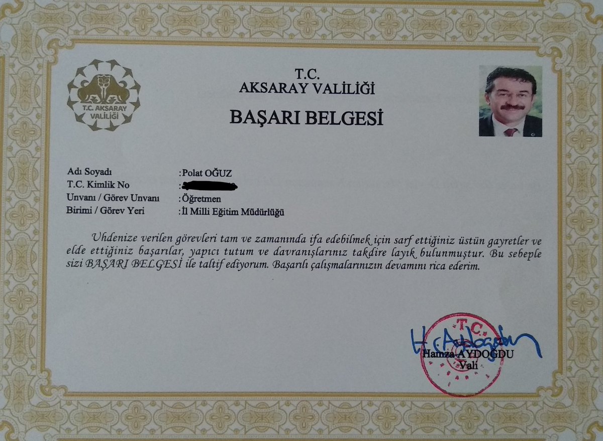 Bu başarı belgesini bize layık gören Aksaray Valimiz Sayın  Hamza AYDOĞDU  başta olmak üzere İl Milli Eğitim Müdürümüz Sayın Hacı Ömer KARTAL'a, Aksaray Gençlik ve Spor İl Müdürü Sayın Aslan YILDIZ"a,Gençlik Hizmetleri Müdürü Sayın Ahmet AKPINAR'a  teşekkür ediyorum.