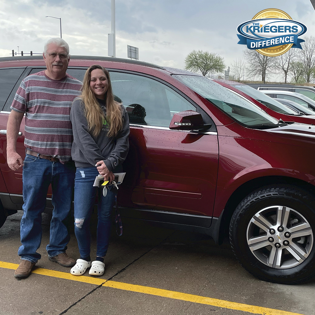 KriegerAutoGrp's tweet photo. A big thank you to Sarah Ross from Muscatine, IA on their BIG purchase of a 2017 Chevy Traverse! We truly value your business + look forward to assisting you for years to come. Enjoy your new vehicle! https://t.co/fOwBArpp3p