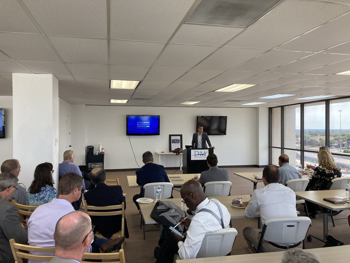 NDCC's tweet photo. Happening now - @txblockchain1 President @lee_bratcher presenting to our Middle Market Executive Forum group. Thanks to our sponsors @CowlesThompson @HigginbothamIns @CapitalOne @Marketwave @DallasBizNews, and to @DallasMidtown for hosting us. #blockchain #Crypto #middlemarket https://t.co/wg4OHBfpzy