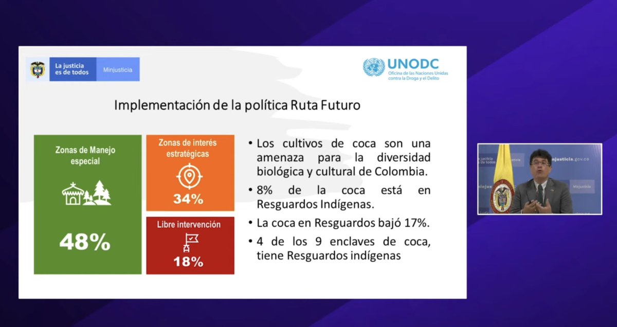 UNODCROCOL's tweet image. Nuestro Coordinador del Sistema Integrado de Monitoreo de #CultivosIlícitos #SIMCI, Leonardo Correa, presentó los datos claves del “Estudio de Estrategias de Acción sobre el Problema de las Drogas en Territorios Indígenas”.