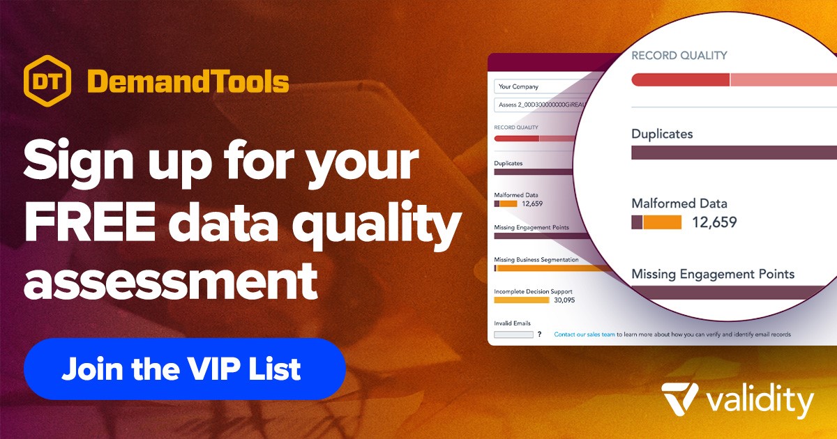 TrustValidity's tweet photo. We made an exciting announcement at #Dreamforce2021—in just a few weeks, we’ll be releasing a BRAND-NEW version of #DemandTools! Join our V“IP” wait list now for updates on this exciting launch & be first in line to receive a FREE #DataQuality Assessment: https://t.co/WSfoLRfX3v https://t.co/BB75knpaly