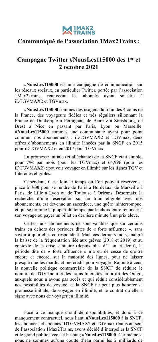 kelimledun's tweet photo. L’association @1max2trains regroupant les usagers #tgvmax et #idtgvmax2 a publié un communiqué de presse concernant une action prévue ce week-end sur les réseaux sociaux face au mutisme de la @SNCF
Les photos du communiqué de presse sont ici ⬇️⬇️ #NousLes115000 https://t.co/iP07xn2cyJ