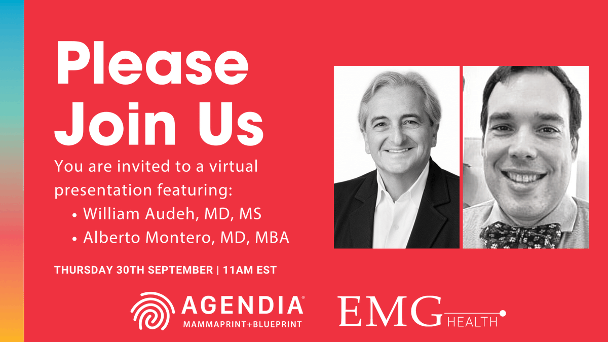 Agendia's tweet photo. It is not too late to register for our Agendia sponsored EMJ virtual presentation featuring Dr. William Audeh and Dr. Alberto Montero. Find out more and register here: https://t.co/XmOWS1i52s #Agendia #EMJReviews #EMGHealth https://t.co/dvlYke5rI7