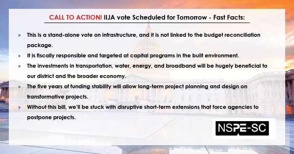 SCSPE's tweet photo. Call to Action. #SCSPE Members Contact your US House member & tell ask them to #PasstheIIJA. Let them know as a #ProudPE you support this bill. Coastal/Pee-Dee members, please Contact Congressman Rice, ASAP as he could be a crucial vote. - https://t.co/9PdFbeCZtp https://t.co/JogvU7cTyn