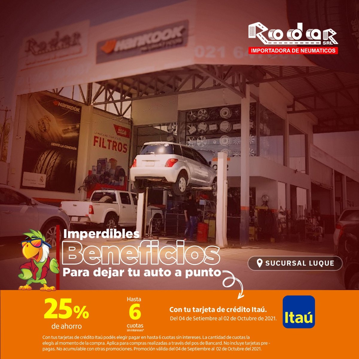 RodarSrl's tweet photo. Recordá que también en Luque y en todas nuestras sucursales estamos con 25% de descuentos y hasta 6 cuotas sin intereses con tus tarjetas de crédito @ItauParaguay 💳🚘

Aprovechá estos imperdibles beneficios vigentes hasta el 02 de Octubre 💥 https://t.co/UT16nuWhuX