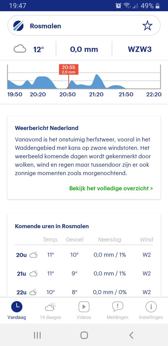Gelukkig blijft het droog vanavond (1% kans op 0,0 mm, vooruit). Maar wacht, het regent pijpenstelen buiten en de regengrafiek geeft ook iets heel anders aan... Snap ik het nou niet goed, of hoe zit dit <a href="/BuienRadarNL/">Buienradar</a>?