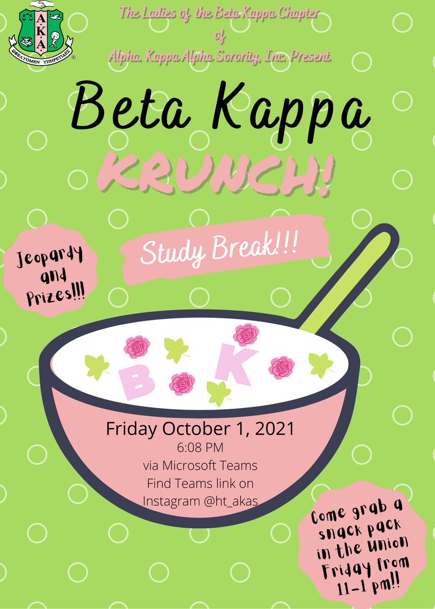 Come have a Krunch with the ladies of Beta Kappa as we play Jeopardy! Contestants have the opportunity to win gift cards. Oh! and don’t forget to bring your snack packs! We will be handing out your favorite cereals in the student union from 11:00 AM to 1:00 PM!