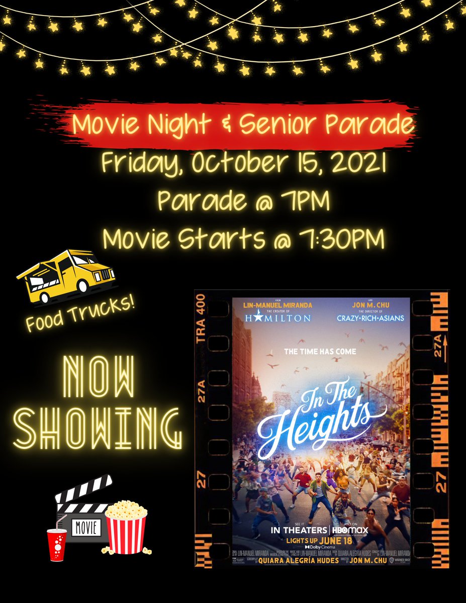 Movie Night!!!!

We will be showing "In the Heights". Thanks to all that voted.

Seniors remember to sign up on Google Classroom if you'd like to participate in the parade!

SEE YOU THERE!